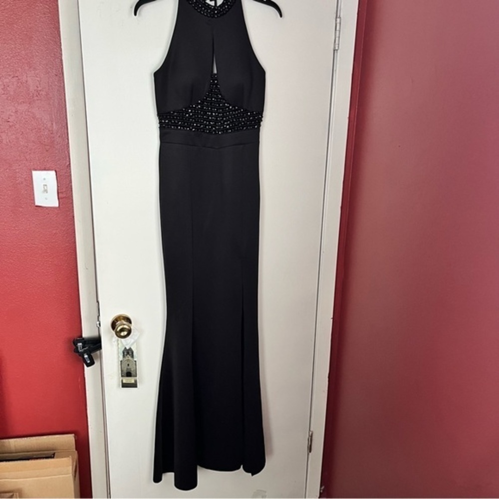 Halter Neck Black Evening Dress Long Mermaid Prom Gown Crystal Beaded Formal‎ XS - Picture 6 of 16
